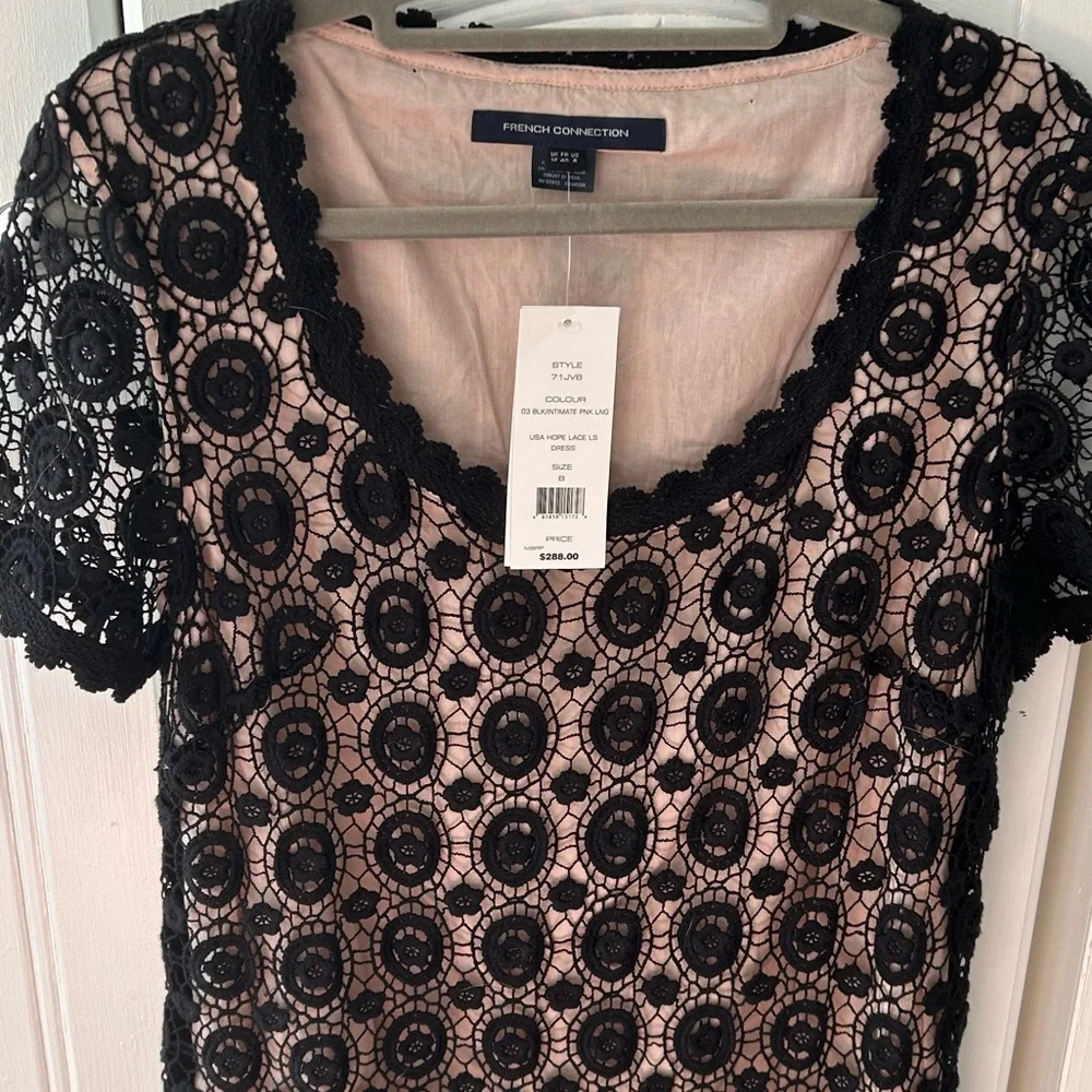 NWT FRENCH CONNECTION Black Lace Circle Pattern Mini Dress w/Full Pink Lining - Picture 4 of 12